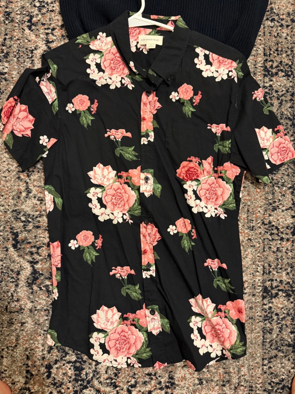 Aeropostale Black Short Sleeve Button-Up with Pink Floral Print